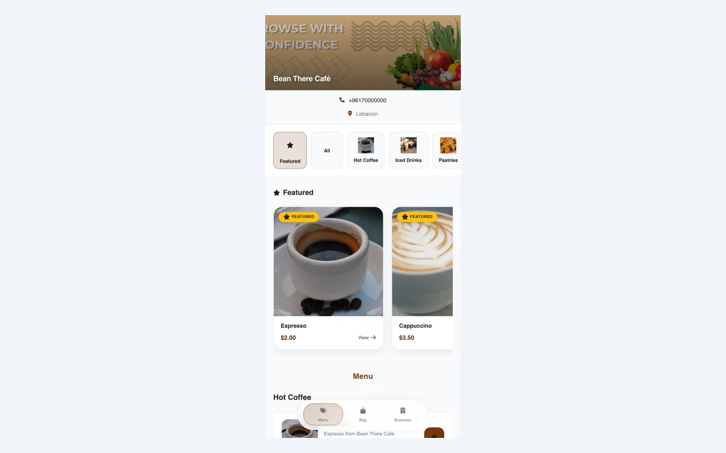 Café QR menu on a phone with drink photos and dual currency prices