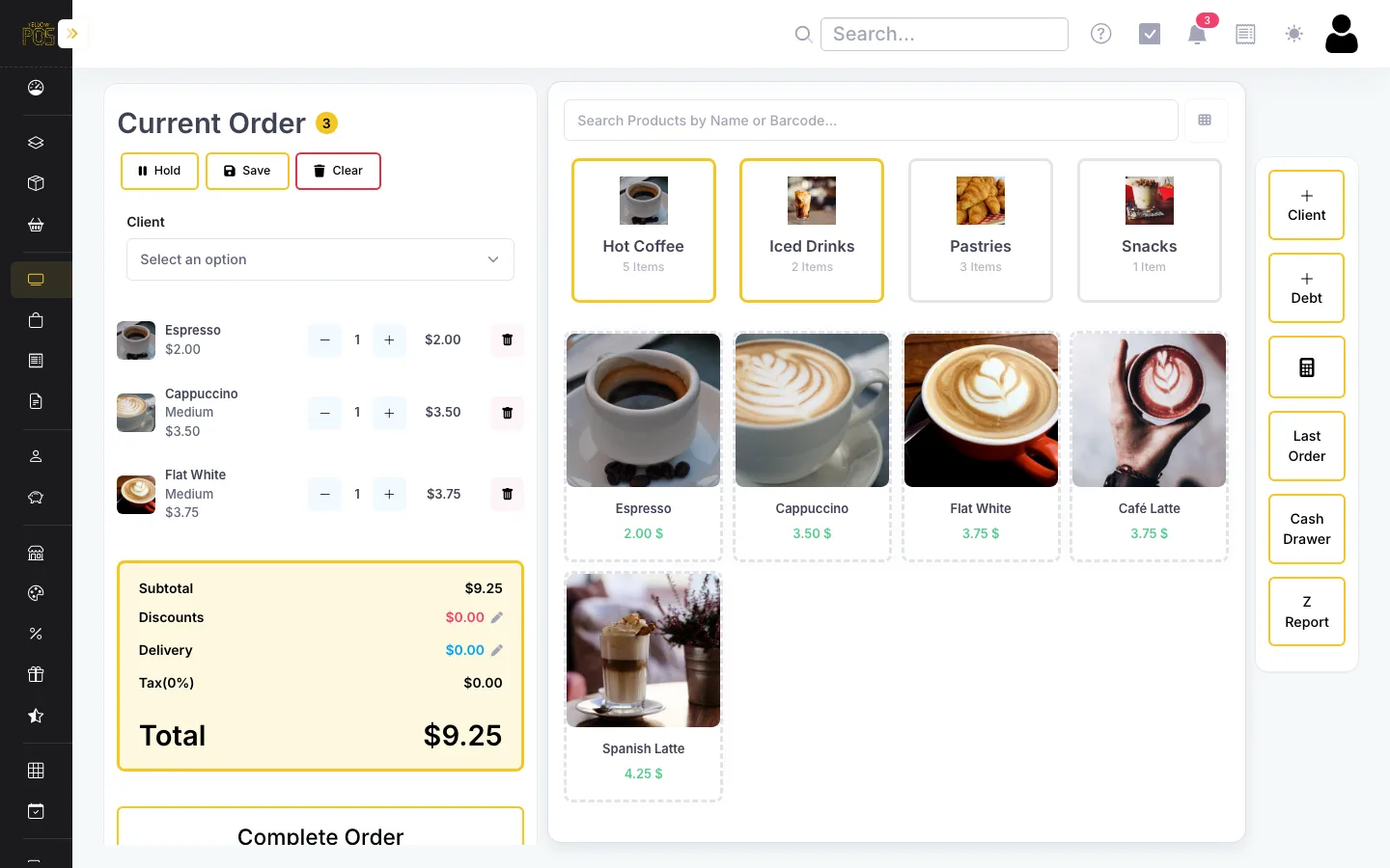 YellowPOS café checkout screen with coffee drinks