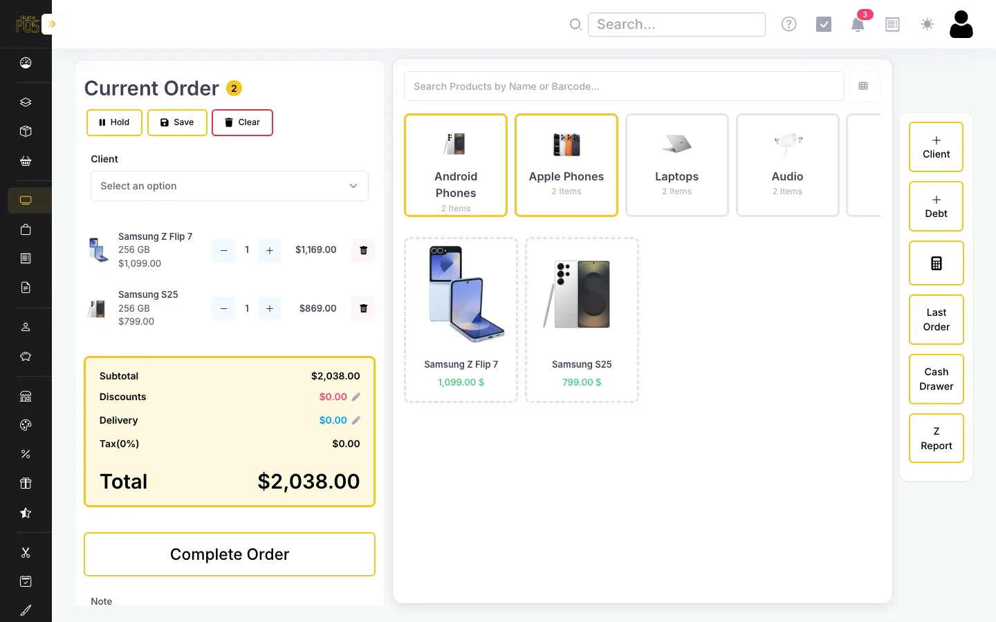 شاشة الدفع في YellowPOS مع هواتف وإكسسوارات