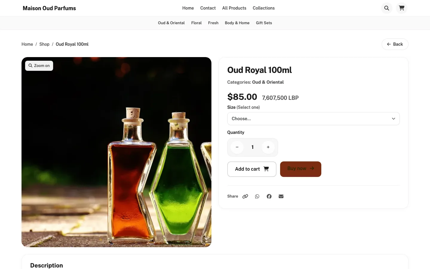 Perfume product page with 50 ml and 100 ml size options