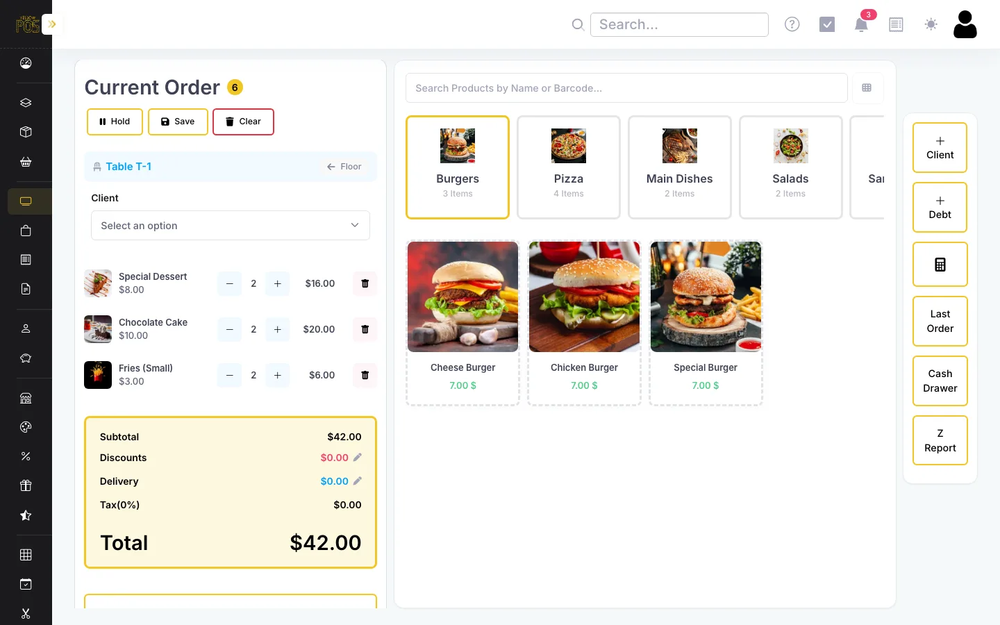 YellowPOS order screen with a table tab open