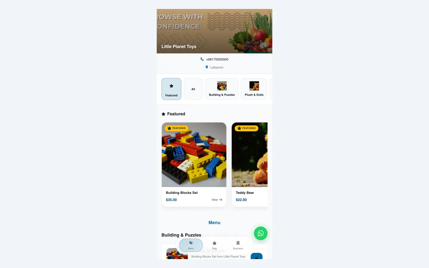 Toy catalogue on a phone with categories and prices