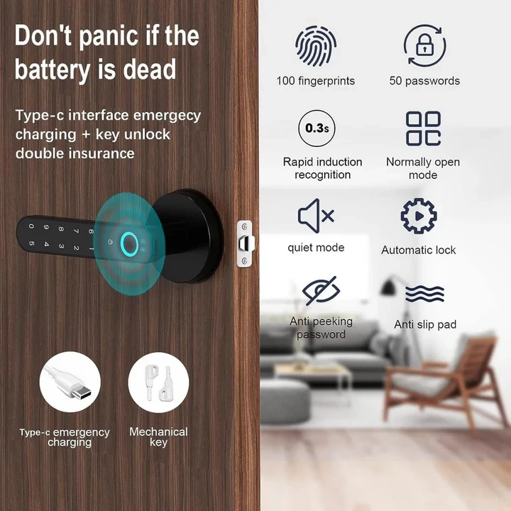 Fingerprint Door Lock, With Password Keyboard Entry Door Handle - 6