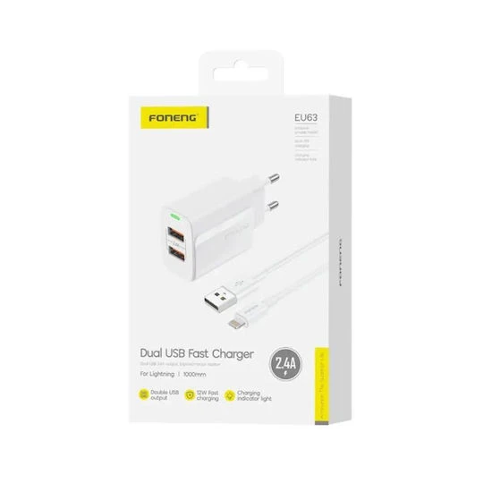FONENG EU63 DUAL USB FAST CHARGER FOR LIGHTNING WHITE