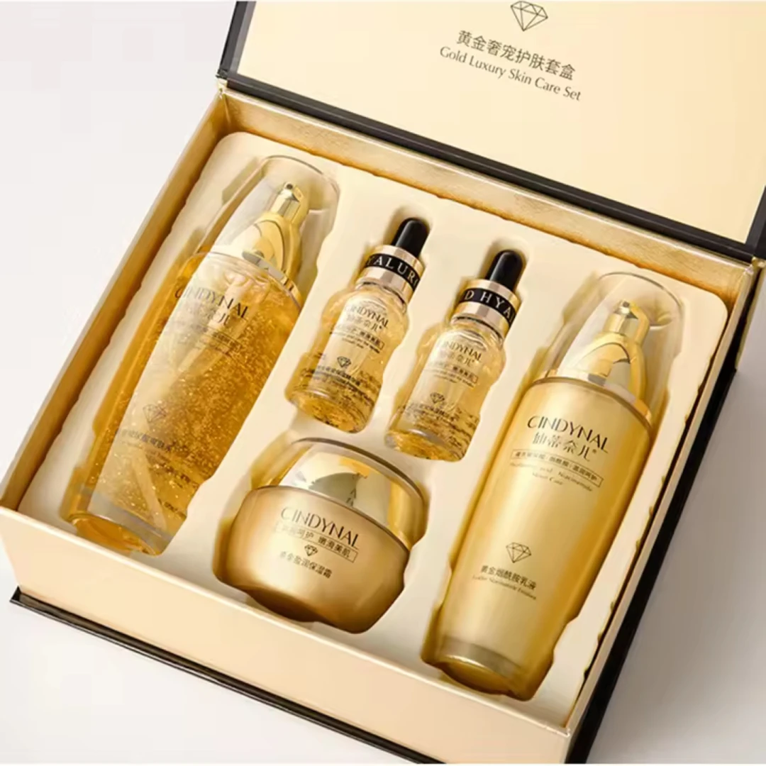 Cyndinal Gold Hyaluronic 24K Luxury Set -Contains Primer With Collagen -Anti-wrinkle Hyaluronic -Moisturizing Lotion -Moisturizer -Cleanser - 3