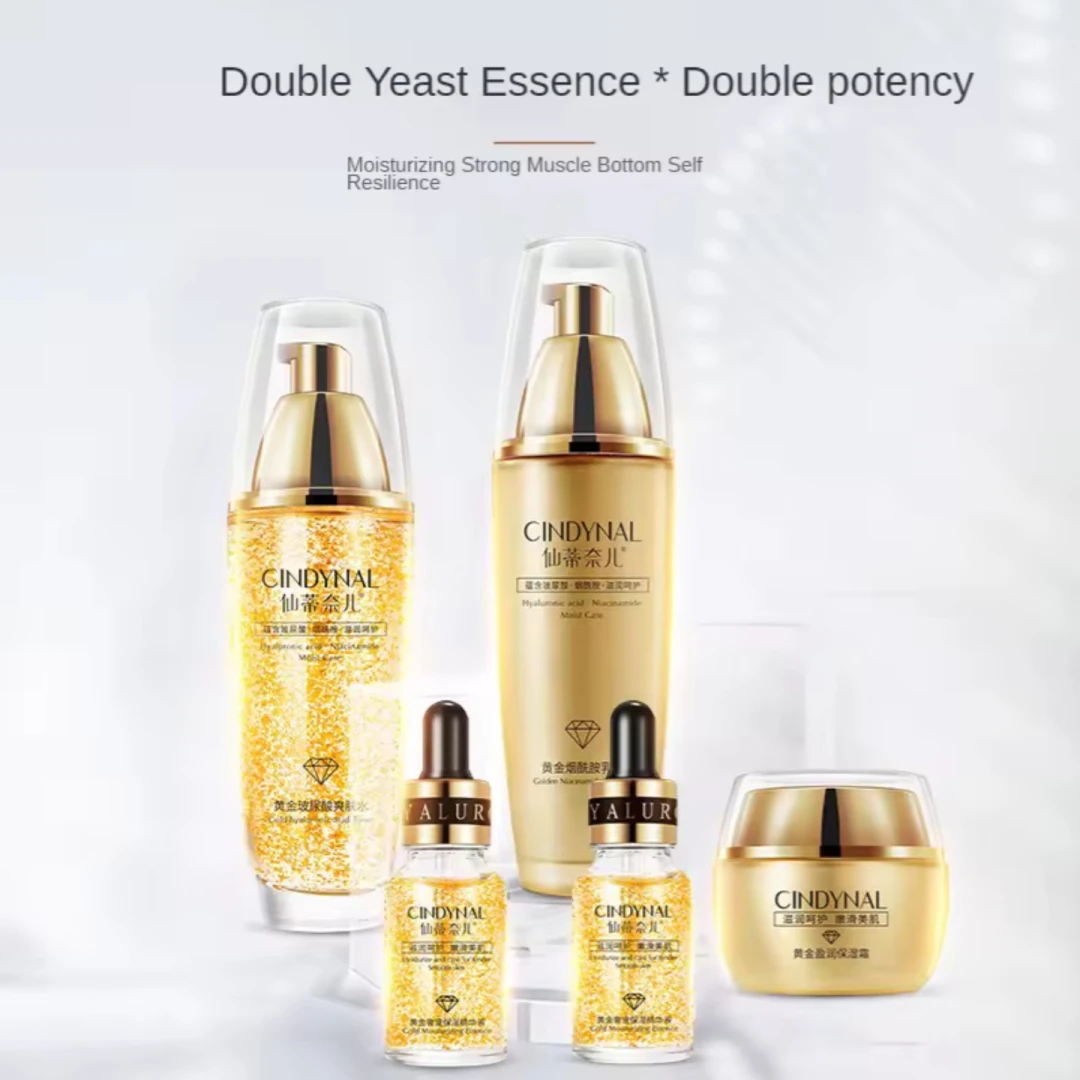 Cyndinal Gold Hyaluronic 24K Luxury Set -Contains Primer With Collagen -Anti-wrinkle Hyaluronic -Moisturizing Lotion -Moisturizer -Cleanser - 5