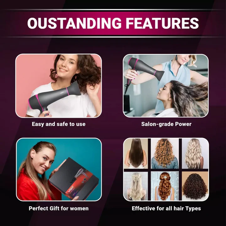 Vgr Professional Hair Dryer V402 - With Diffuser, Gray With Pink 2200W 3 Heating Settings - 3