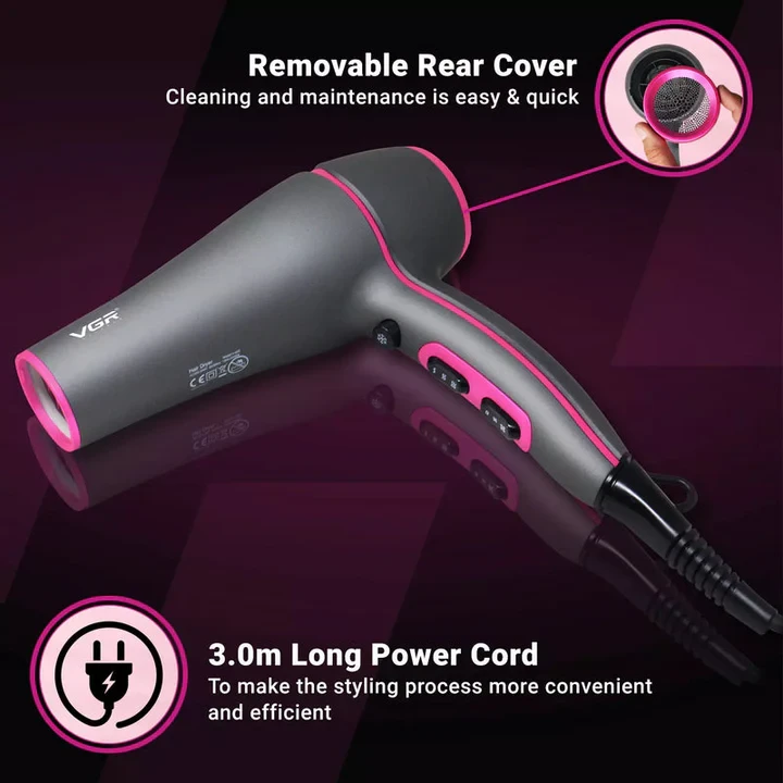 Vgr Professional Hair Dryer V402 - With Diffuser, Gray With Pink 2200W 3 Heating Settings - 2