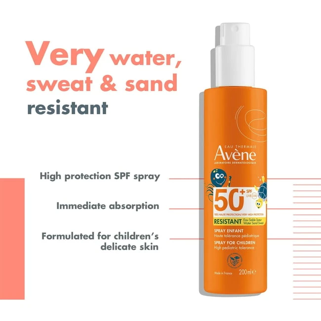 Avène Sun Very High Protection Resistant Sunscreen Spray for Children SPF50+ 200ml is a pediatric sunscreen that protects sensitive skin with triple resistance to water, sweat, and sand.