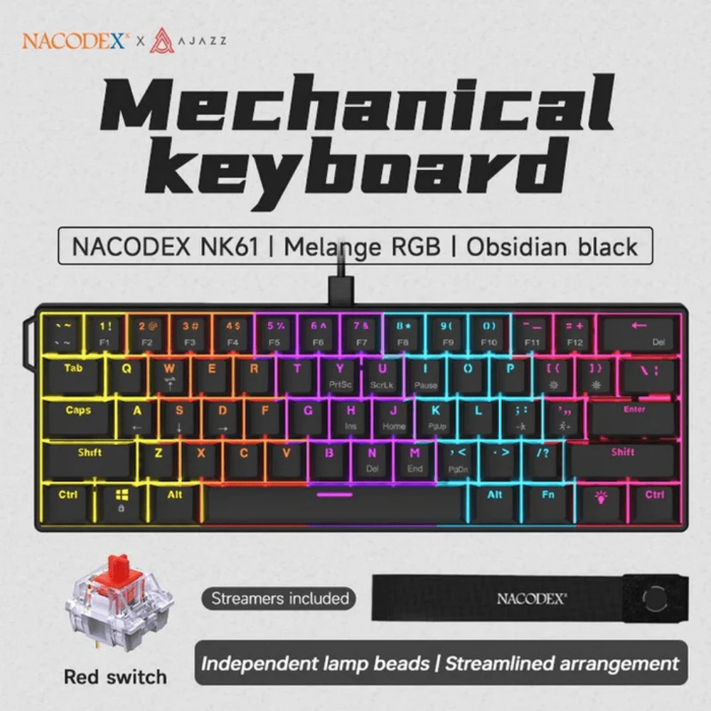 AJAZZ NK61 60% Hot-Swappable Mechanical Keyboard – Red Switches Wired - Black - 8