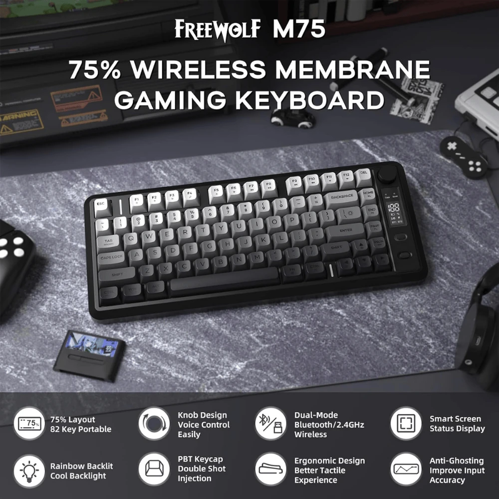 FreeWolf M75 Wireless Mechanical Feel Gaming Keyboard Bluetooth/2.4Ghz - 8
