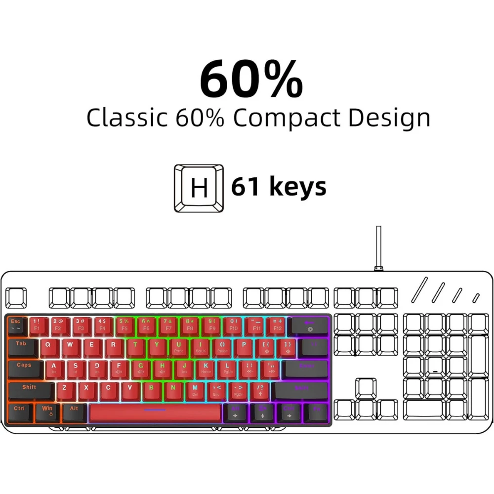 Snpurdiri 60% Wired Mechanical Keyboard - Black/Red - 7