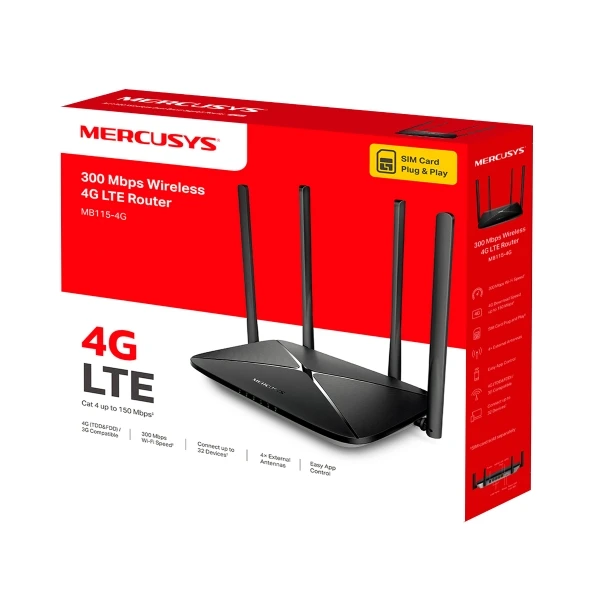 Mercusys by TP-Link (MB115-4G) 300Mbps Wireless N 4G LTE Router; 4x Antennas - Black