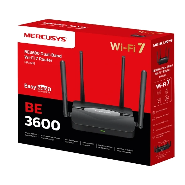 Mercusys By TP-Link (MR25BE) BE3600 Dual Band Wi-Fi 7 Router; 4x Antennas - Black