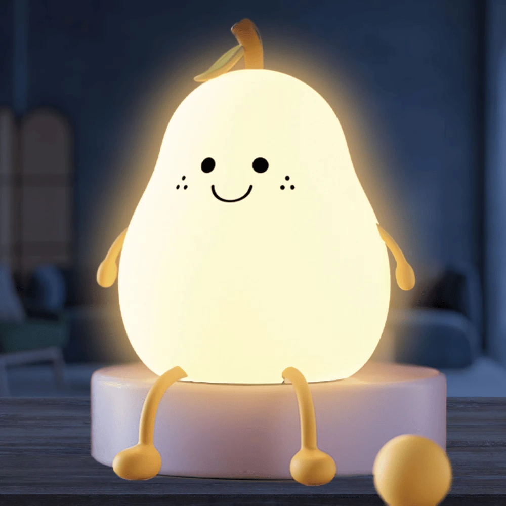 Night Light Pear Cute LED Nursery Nightlight Lamp, Tap Control Squishy Silicone, USB Rechargeable Bedside Lamp for Bedroom