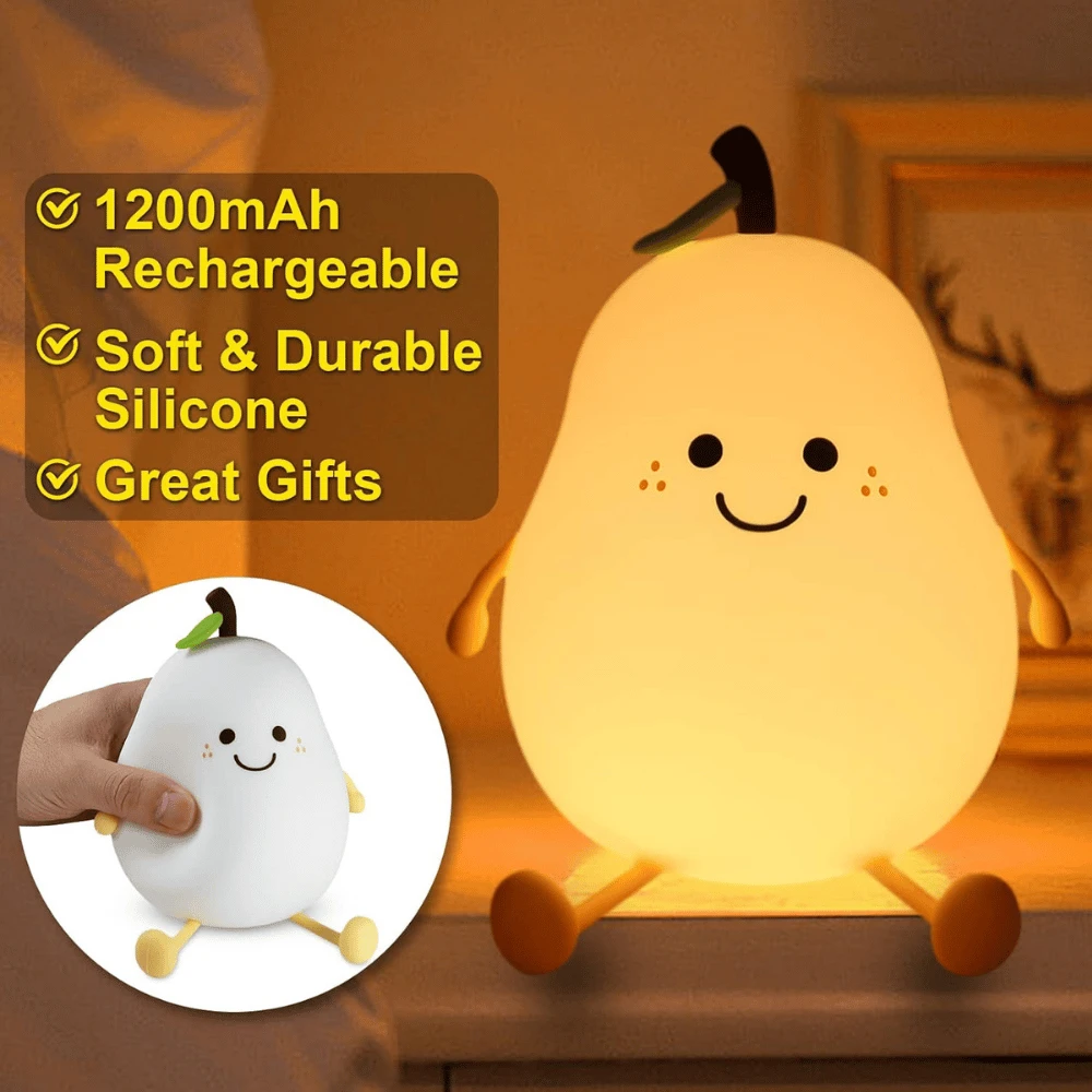 Night Light Pear Cute LED Nursery Nightlight Lamp, Tap Control Squishy Silicone, USB Rechargeable Bedside Lamp For Bedroom - 8