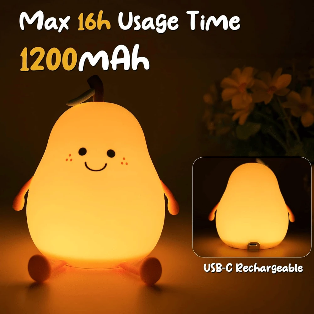 Night Light Pear Cute LED Nursery Nightlight Lamp, Tap Control Squishy Silicone, USB Rechargeable Bedside Lamp For Bedroom - 6