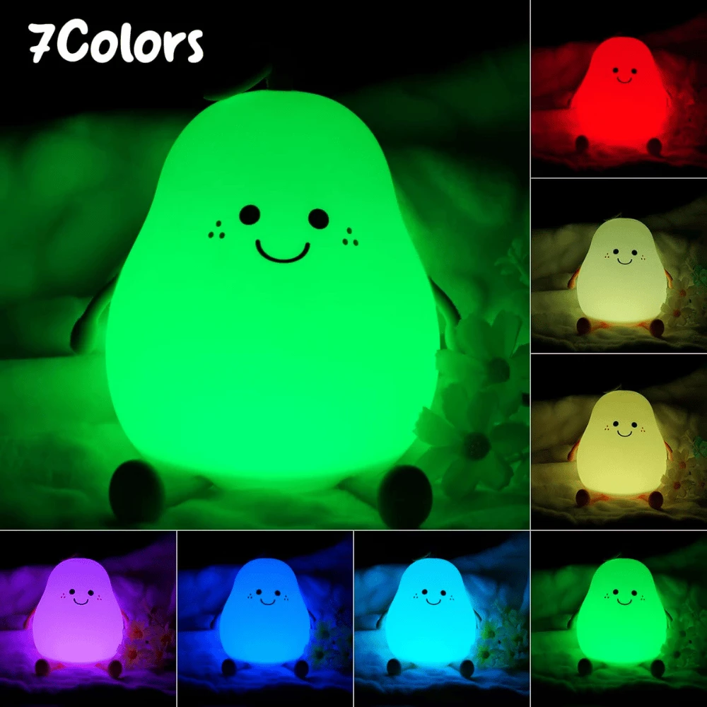 Night Light Pear Cute LED Nursery Nightlight Lamp, Tap Control Squishy Silicone, USB Rechargeable Bedside Lamp For Bedroom - 5