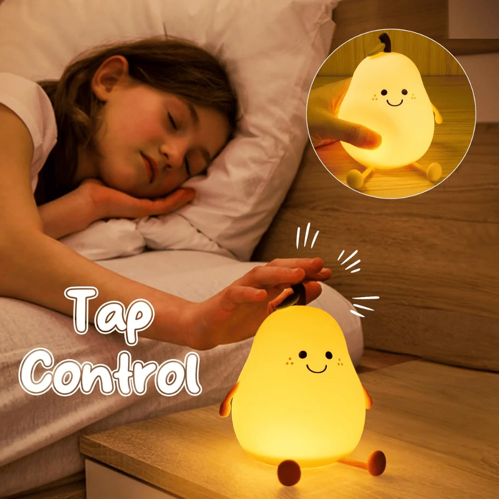 Night Light Pear Cute LED Nursery Nightlight Lamp, Tap Control Squishy Silicone, USB Rechargeable Bedside Lamp For Bedroom - 3