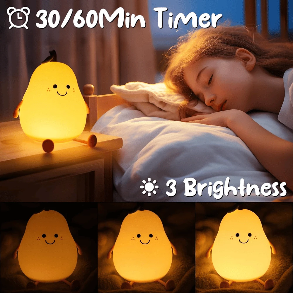 Night Light Pear Cute LED Nursery Nightlight Lamp, Tap Control Squishy Silicone, USB Rechargeable Bedside Lamp For Bedroom - 4