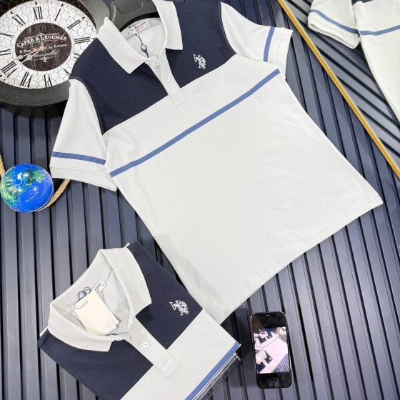 U.S Polo Shirt White&navy Blue C46