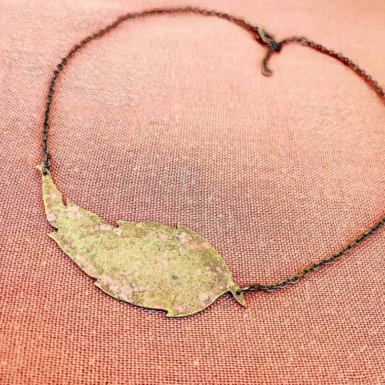 Large Leaf Rustic Brass Necklace