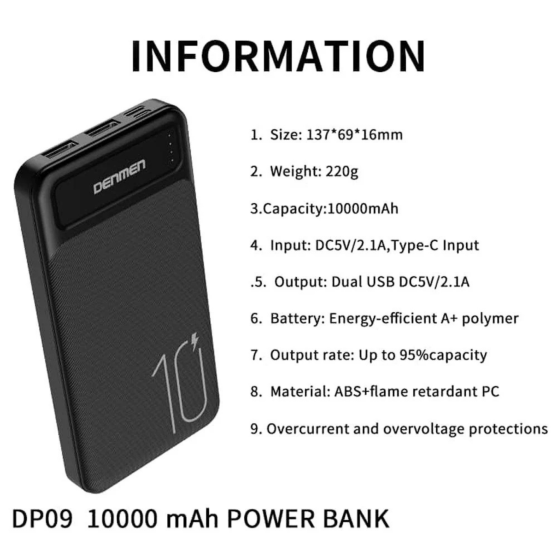 Denmen Power Bank DP09 2USB Black 2.1A 10000mAh - 1