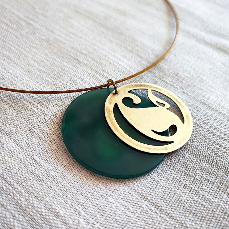 Layered Brass Green Agate Paisley Pendant - 2