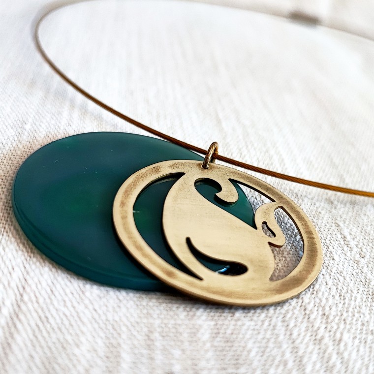 Layered Brass Green Agate Paisley Pendant - 3